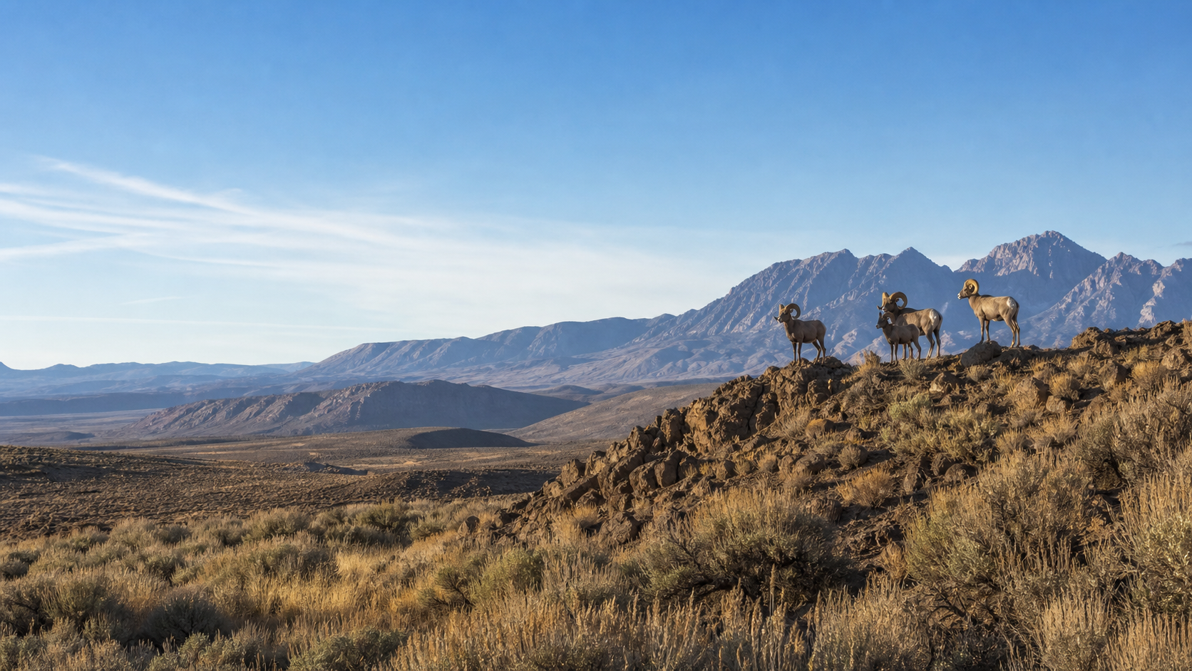 Bighorn sheep overlooking a high-desert mountain landscape